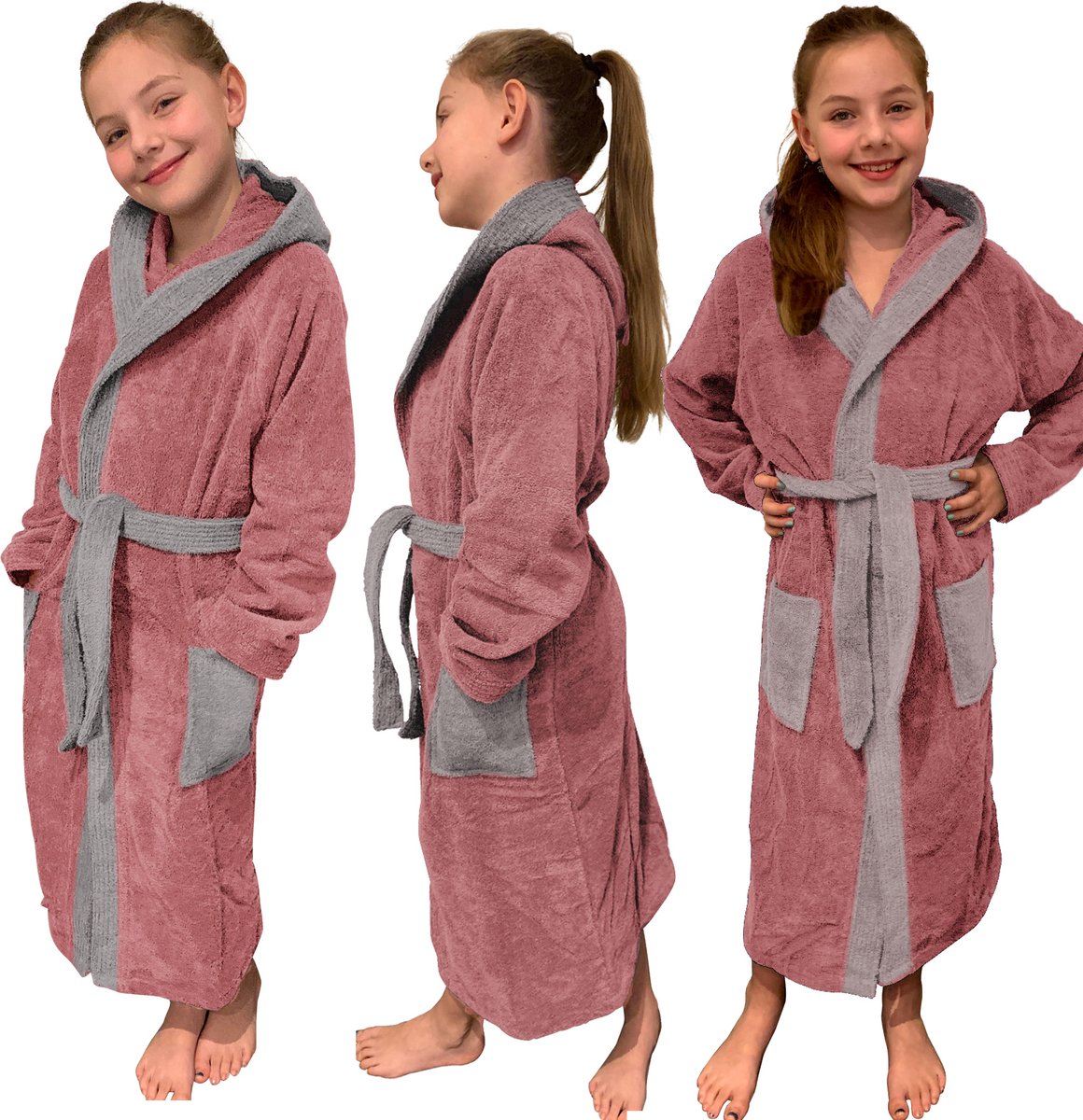 HOMELEVEL Badstof badjas voor kinderen 100% katoen voor meisjes en jongens Roze Maat 164