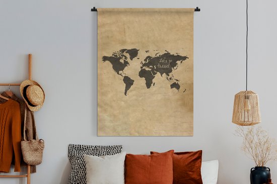 Tapisserie - Carte du Wereldkaart - Vintage - Citation - 120x160 cm - Tapisserie