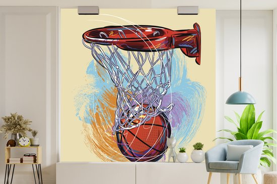 Papier peint photo vinyle - Une illustration d'un ballon de basket frappant la cible à pleine vitesse, largeur 280 cm x hauteur 280 cm - Tirage photo sur papier peint (disponible en 7 tailles)