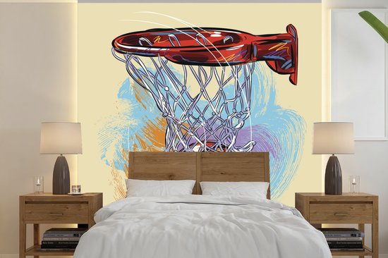 Papier peint photo vinyle - Une illustration d'un ballon de basket frappant la cible à pleine vitesse, largeur 450 cm x hauteur 450 cm - Tirage photo sur papier peint (disponible en 7 tailles)