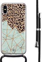 iPhone X/XS hoesje met koord - Luipaard marmer mint | Apple iPhone Xs crossbody case | Zwart, Transparant | Luipaardprint