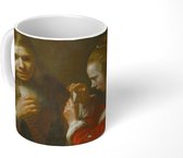 Mok - Koffiemok - Een jongen en een meisje aan het kaarten - Schilderij van Rembrandt van Rijn - Mokken - 350 ML - Beker - Koffiemokken - Theemok