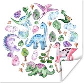 Poster Kinderkamer - Dinosaurus - Cirkel - Meisjes - Kinderen - Roze - Kind - 50x50 cm - Poster Meisjeskamer - Poster Kinderkamer Meisje