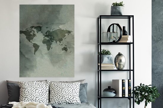 Décoration murale - Carte du Wereldkaart - Aquarelle - Grijs - 90x120 cm - Affiche