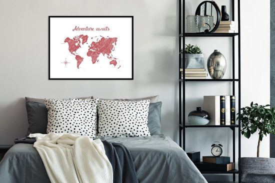 Fotolijst incl. Poster - Wereldkaart - Rood - Wit - 80x60 cm - Posterlijst