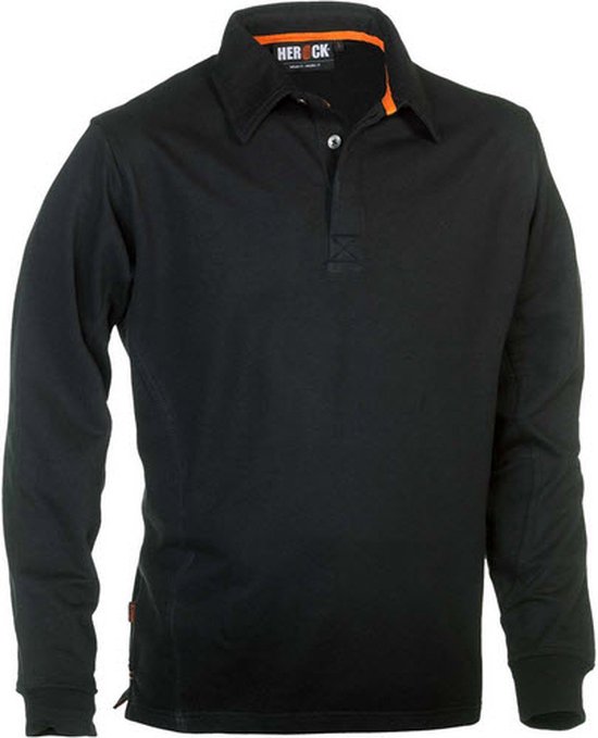 Zwarte Herock polo met lange mouwen en oranje accenten aan de kraag. Knopen sluiting.