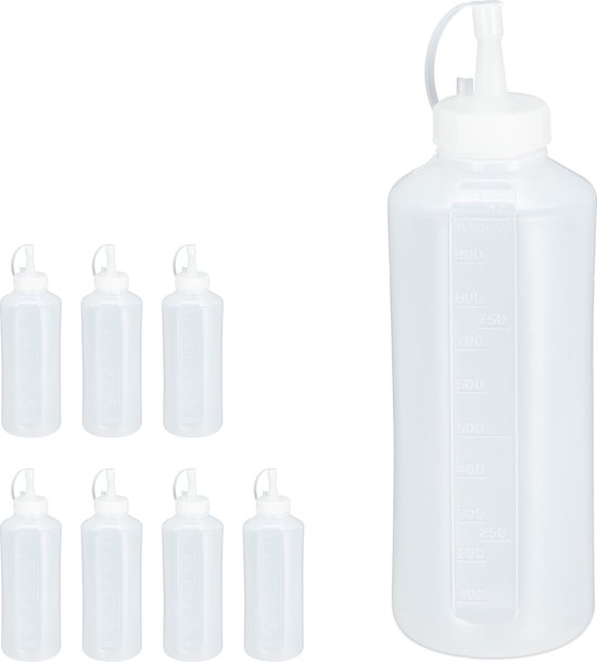 Relaxdays 8x knijpfles transparant - sausfles kunststof - doseerflessen set - 1000 ml