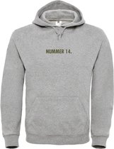 Hoodie Grijs L - nummer 14 - olijfgroen - soBAD. - hoodie unisex - hoodie man - hoodie vrouw - kleding - voetbalheld - legende - voetbal
