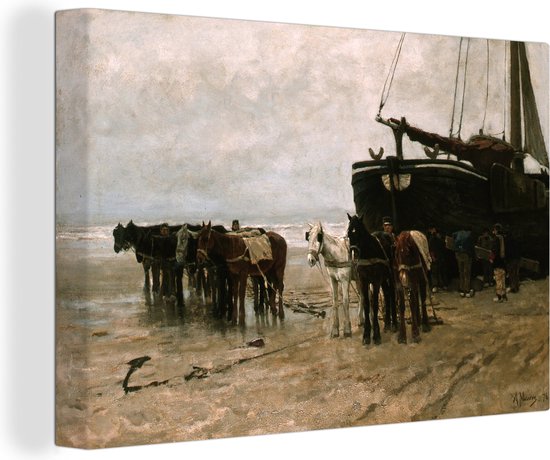 Canvas Schilderij Fishing boat and draught-horses on the beach - Schilderij van Anton Mauve - 120x80 cm - Wanddecoratie