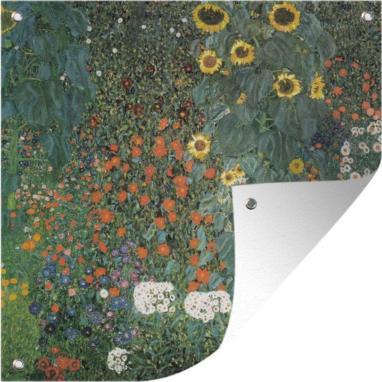 Tuinposters Boerderijtuin met zonnebloemen - schilderij van Gustav Klimt - 50x50 cm - Tuindoek - Buitenposter
