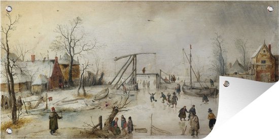 Tuinposter Ice scene - schilderij van Hendrick Avercamp - 60x30 cm - Tuindoek - Buitenposter