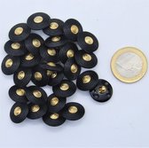 100 Zwarte knopen voor blouses maat 15mm, inleg goud, rand zwart.