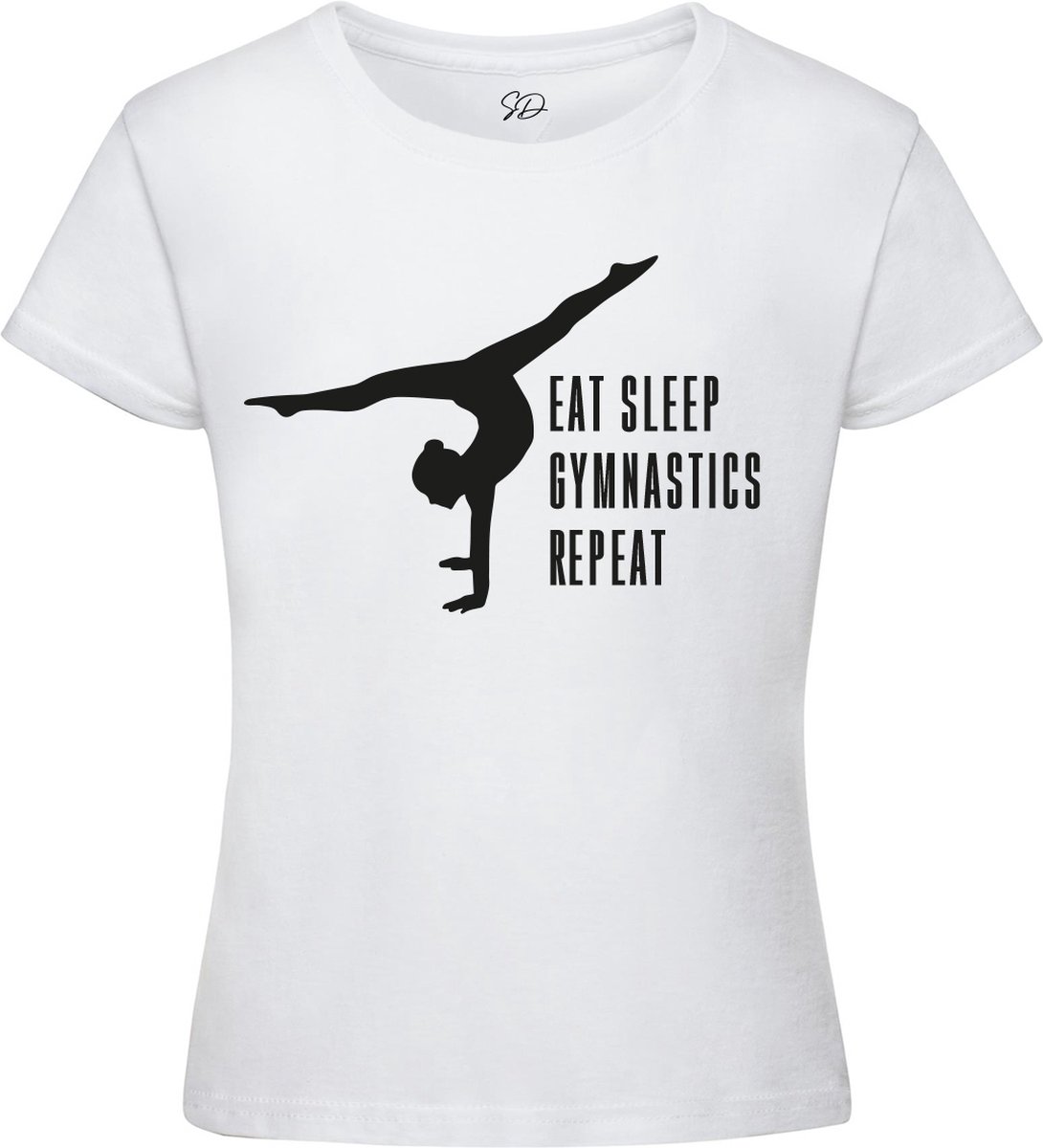 Sparkle&Dream - T-Shirt \'Eat Sleep Repeat\' Wit - Maat 164 - Voor Turnen en Gymnastiek