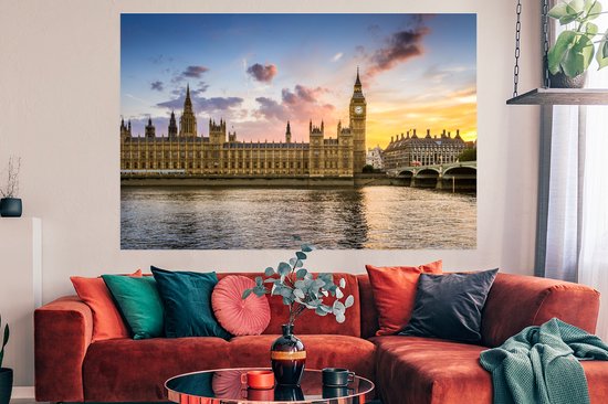 Poster Coucher de soleil derrière Big Ben à Londres 180x120 cm - Tirage photo sur Poster (décoration murale salon / chambre) XXL / Groot format!