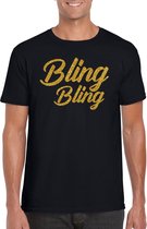 Bling bling t-shirt zwart met gouden glitter tekst heren - Glitter en Glamour goud party kleding shirt S