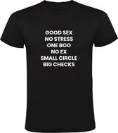 Good Seks | Heren T-shirt | Zwart | No Stress | One Boo | No Ex | Small Circle | Big Checks