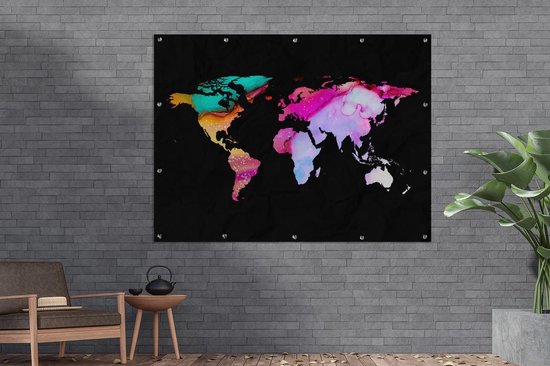 Décoration murale extérieure Wereldkaart - Zwart - Noir - 160x120 cm - Toile de jardin - Poster extérieur