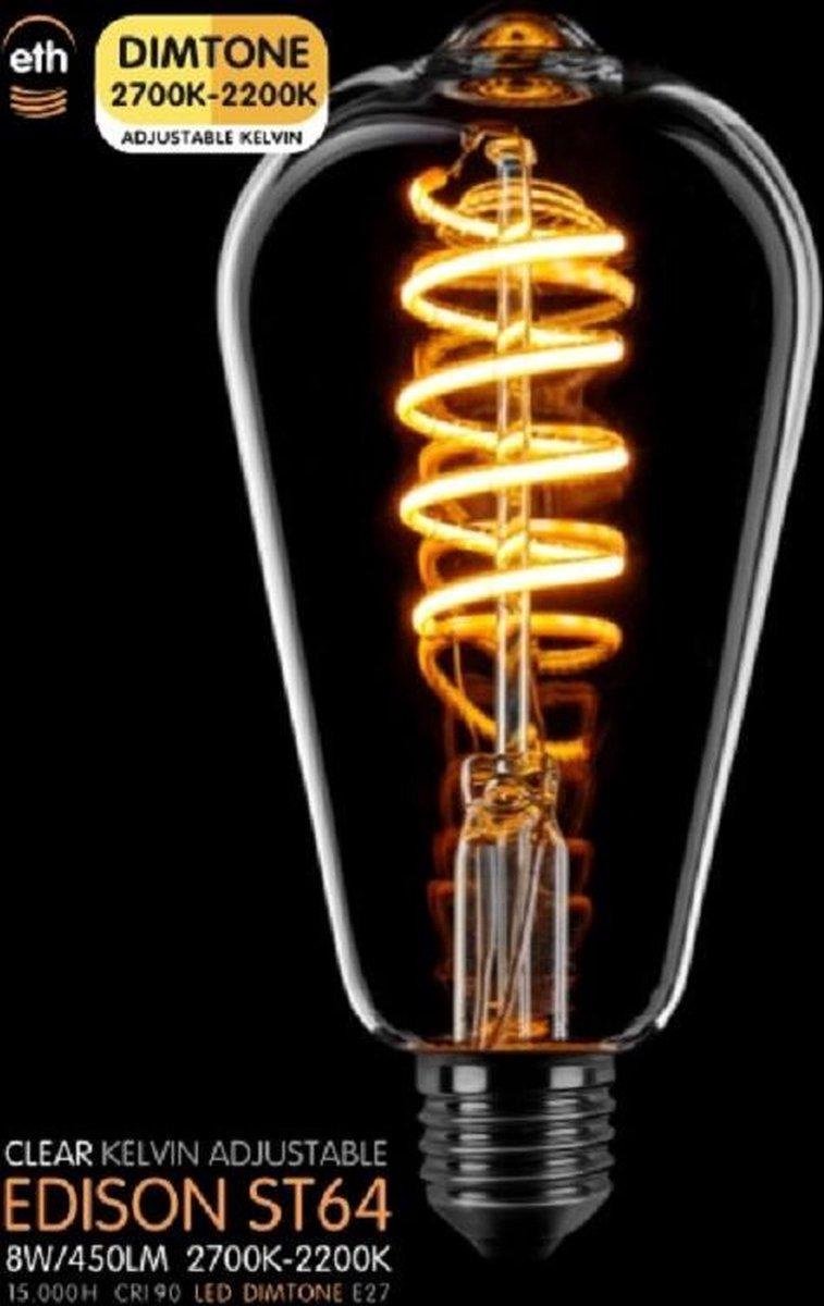 ETH Led spiraal ST64 E27 8W dimtone van 2700K naar 2200K Helder