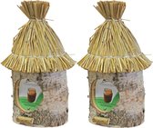 2x stuks vogelhuisje/voederhuisje/pindakaashuisje berkenhout met stro dak 36 cm - Vogelvoederhuisje - Vogel voederstation