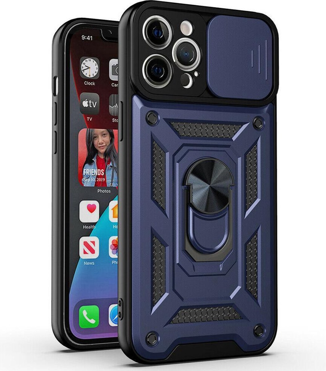 Hoesje Geschikt voor iPhone 13 pro Hoesje met Camera Bescherming Blauw – met ring houder Rugged Armor Back Cover - Case - Camera Schuif