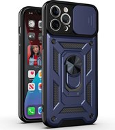 iPhone 13 pro Hoesje met Camera Bescherming Blauw - Hoesje iPhone 13 Pro met ring houder Rugged Armor Back Cover - Case - Camera Schuif
