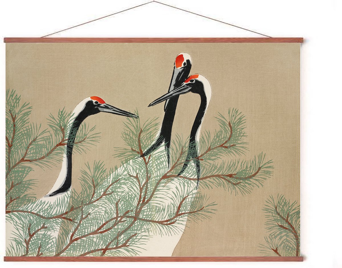 Esque Poster In Posterhanger - Kraanvogels - 50x70 cm - Kader Hout - Ophangsysteem - Dieren - Japanse Kunst - Vintage - Sekka