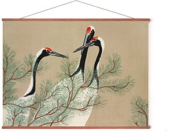Poster In Posterhanger - Kraanvogels - 50x70 cm - Kader Hout - Ophangsysteem - Dieren - Japanse Kunst - Vintage - Sekka