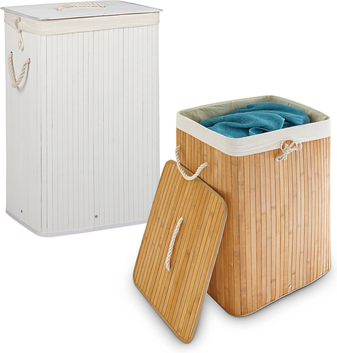 2 x wasmand bamboe - wasmanden met deksel - waszak - elk 83 liter - wit & bruin