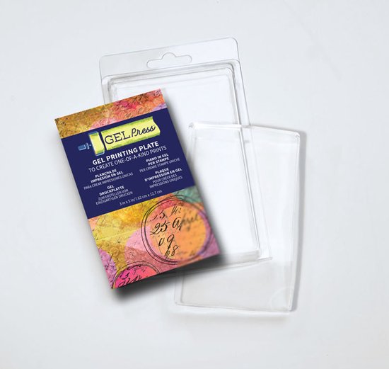 Gel Press druppelplaat met kleurrijke, gelaagde print in verpakking.
