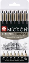 Sakura Pigma Micron 6 zwarte fineliners + 1 brushpen