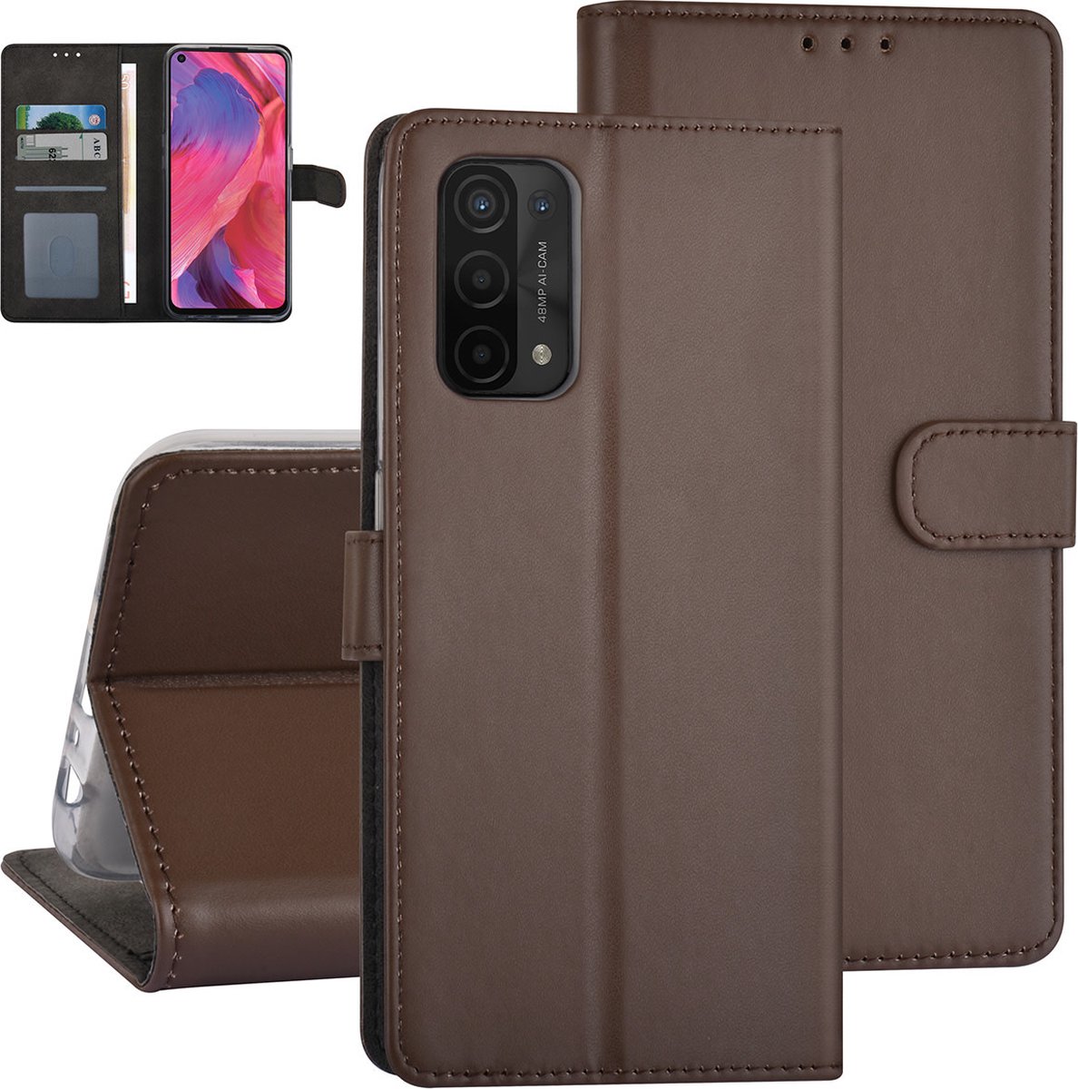 Bruin hoesje voor Oppo A74 5G & Oppo A54 5G - Book Case - Pasjeshouder - Magneetsluiting