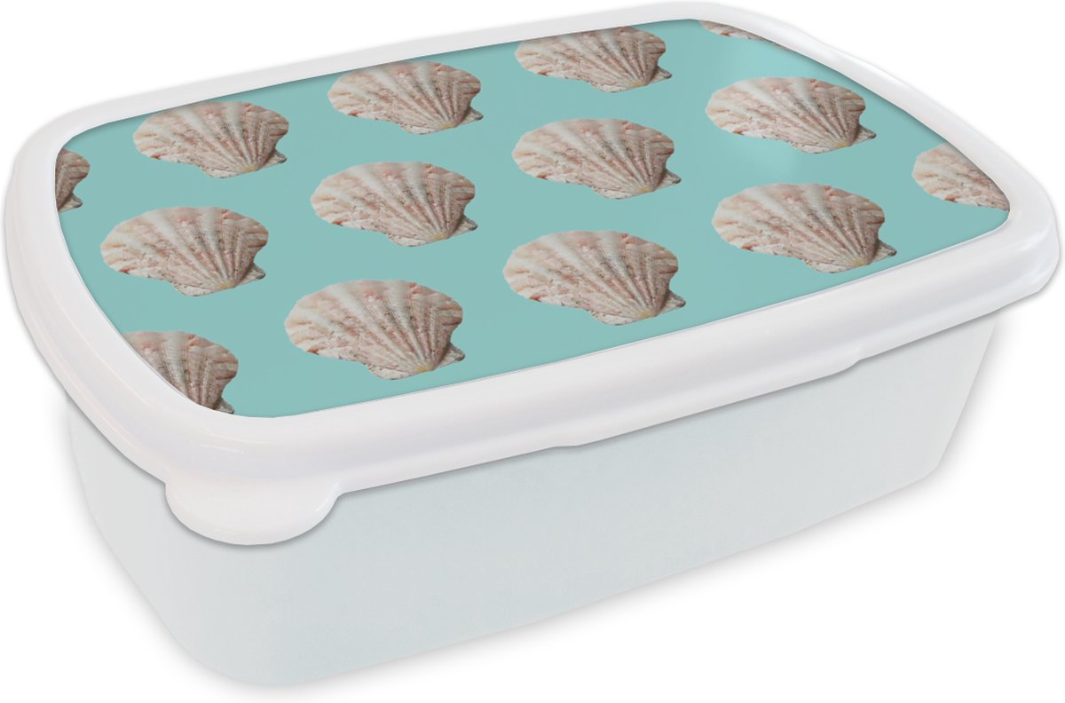Broodtrommel Wit - Lunchbox - Brooddoos - Schelpen - Patronen - Blauw - 18x12x6 cm - Volwassenen