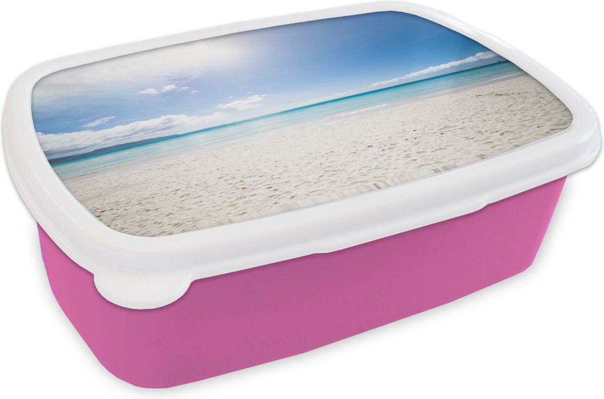 Broodtrommel Roze - Lunchbox - Brooddoos - Strand - Eiland - Zon - 18x12x6 cm - Kinderen - Meisje