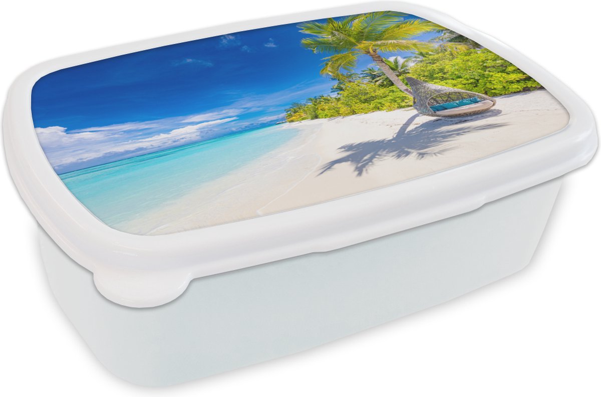 Broodtrommel Wit - Lunchbox - Brooddoos - Strand - Palm - Hangstoel - 18x12x6 cm - Volwassenen