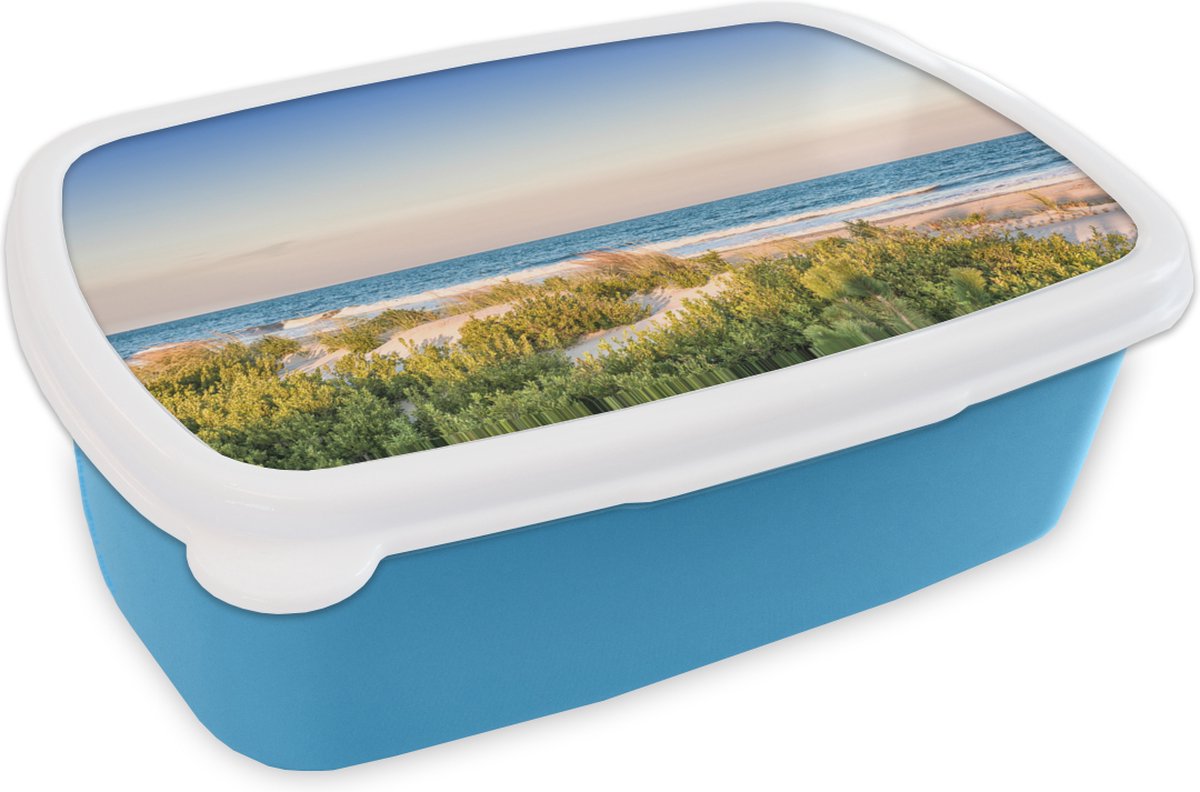 Broodtrommel Blauw - Lunchbox - Brooddoos - Strand - Planten - Licht - 18x12x6 cm - Kinderen - Jongen