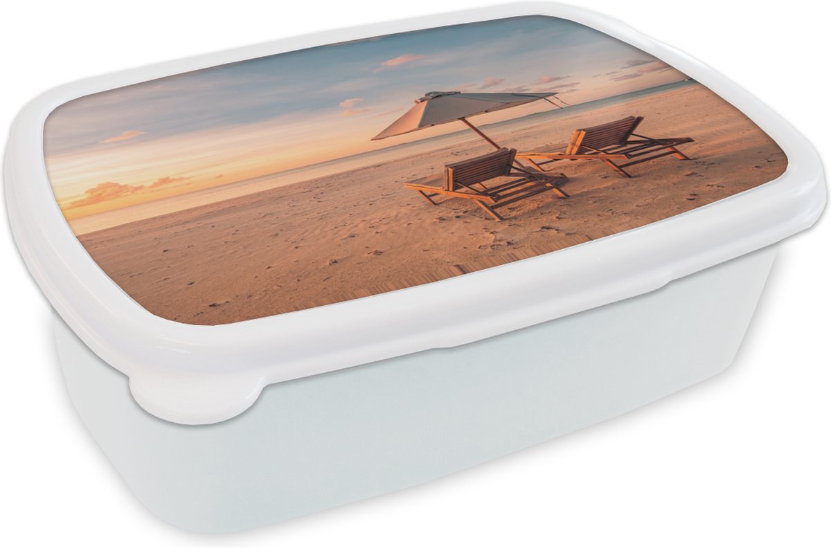 Broodtrommel Wit - Lunchbox - Brooddoos - Strand - Ligbed - Parasol - 18x12x6 cm - Volwassenen