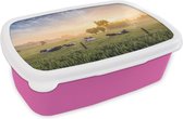Broodtrommel Roze - Lunchbox - Brooddoos - Koe - Zon - Gras - 18x12x6 cm - Kinderen - Meisje