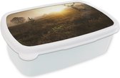 Broodtrommel Wit - Lunchbox - Brooddoos - Hert - Mist - Zonsondergang - 18x12x6 cm - Volwassenen