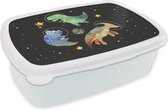Broodtrommel Wit - Lunchbox - Brooddoos - Sterren - Dinosaurus - Kindje - Meiden - Jongens - Kids - Kinderen - 18x12x6 cm - Volwassenen