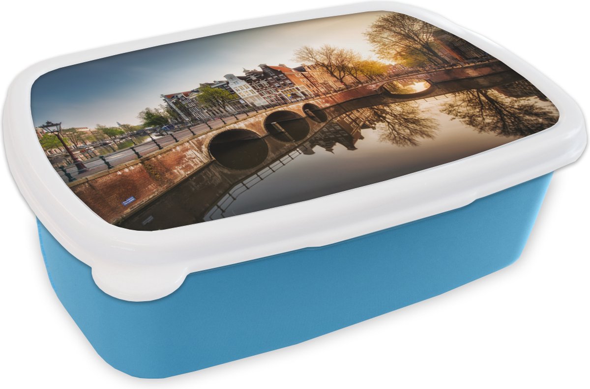Broodtrommel Blauw - Lunchbox - Brooddoos - Zon - Amsterdam - Water - 18x12x6 cm - Kinderen - Jongen