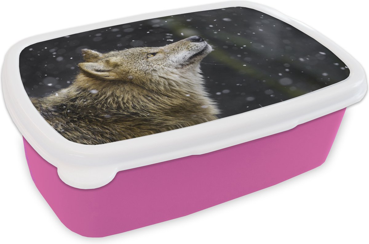 Broodtrommel Roze - Lunchbox - Brooddoos - Wolf - Sneeuw - Bruin - 18x12x6 cm - Kinderen - Meisje