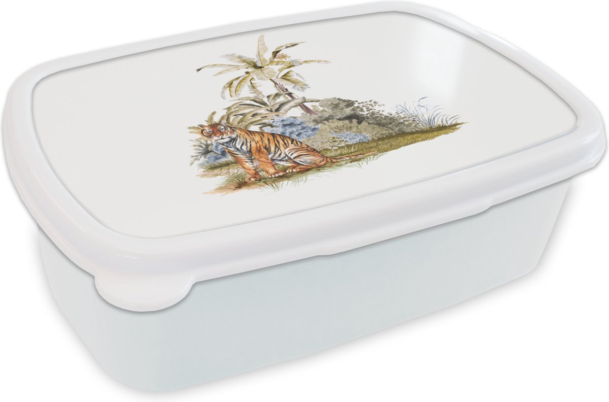 Broodtrommel Wit - Lunchbox - Brooddoos - Tijger - Boom - Wit - 18x12x6 cm - Volwassenen