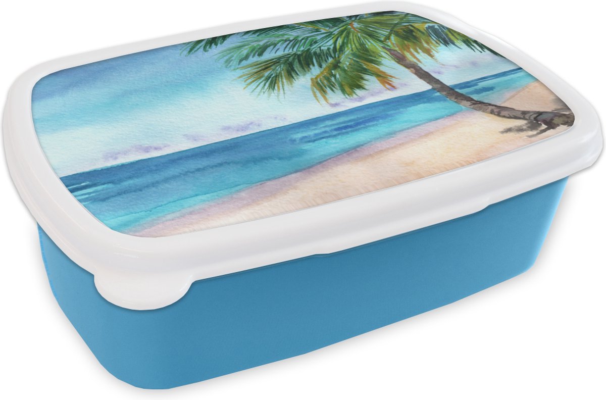 Broodtrommel Blauw - Lunchbox - Brooddoos - Strand - Palmboom - Zee - 18x12x6 cm - Kinderen - Jongen