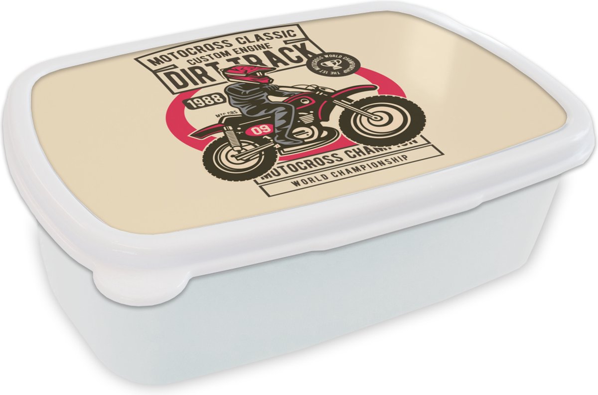 Broodtrommel Wit - Lunchbox - Brooddoos - Motor - Vintage - Tekening - 18x12x6 cm - Volwassenen