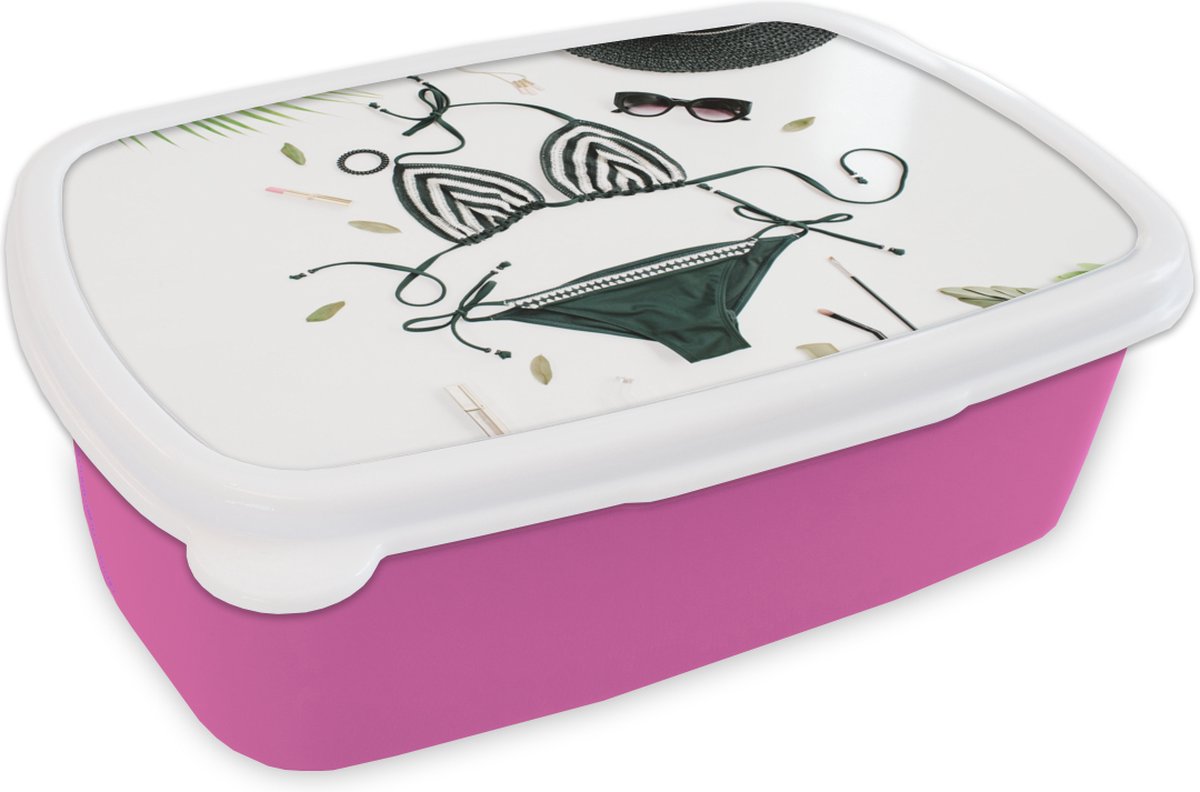 Broodtrommel Roze - Lunchbox - Brooddoos - Bikini - Zwart - Hoed - 18x12x6 cm - Kinderen - Meisje