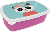 Broodtrommel Roze - Lunchbox - Brooddoos - Panda - Bloemenkrans - Blauw - 18x12x6 cm - Kinderen - Meisje