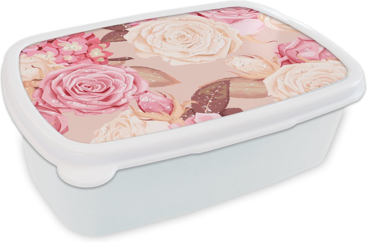 Broodtrommel Wit - Lunchbox - Brooddoos - Rozen - Roze - Wit - Collage - 18x12x6 cm - Volwassenen
