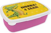 Broodtrommel Roze - Lunchbox - Brooddoos - Verjaardag cadeau - Kind - 4 Jaar - Dinosaurus - 18x12x6 cm - Kinderen - Meisje