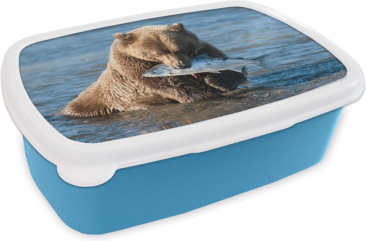 Broodtrommel Blauw - Lunchbox - Brooddoos - Beer - Bruin - Vis - 18x12x6 cm - Kinderen - Jongen
