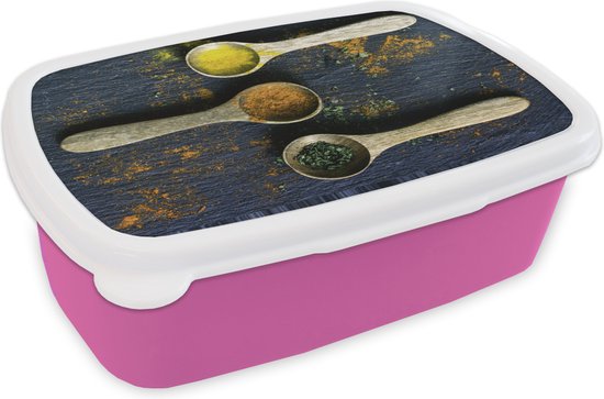 Boîte à pain Rose - Boîte à lunch - Boîte à pain - Herbes colorées sur cuillères - 18x12x6 cm - Enfants - Fille